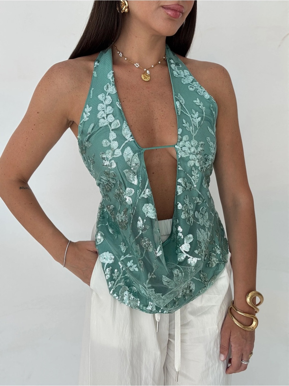 Boho Halter Sequin Floral halter fairy Top Seafoam Green